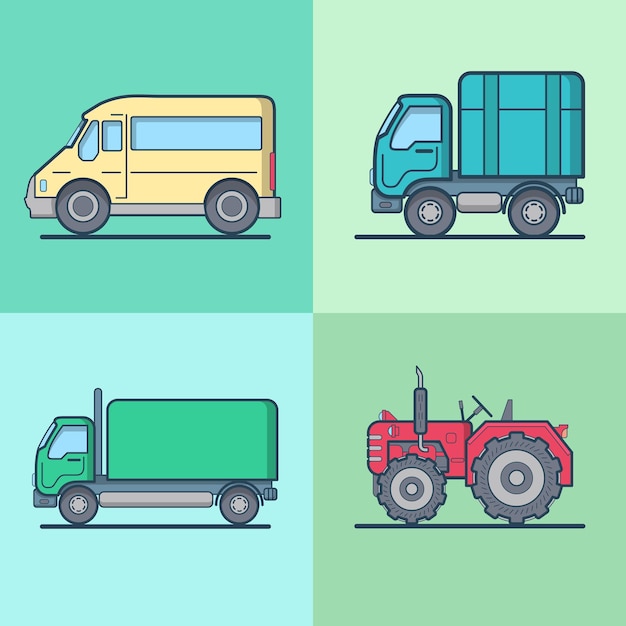 Free Vector bus van lorry tractor road transport set.