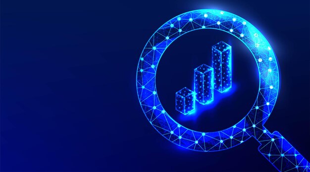 Business Analysis symbol with magnifying glass icon and pie chart Abstract Low poly wireframe mesh design Business strategy concept Vector Illustration