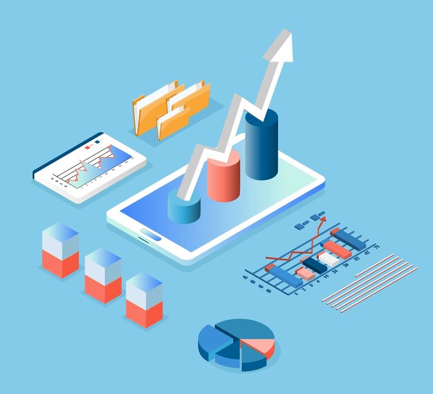 Business analysis technology concept isometric vector illustration Process working with big database on data center system for diagrams of sales management statistics and operational reports