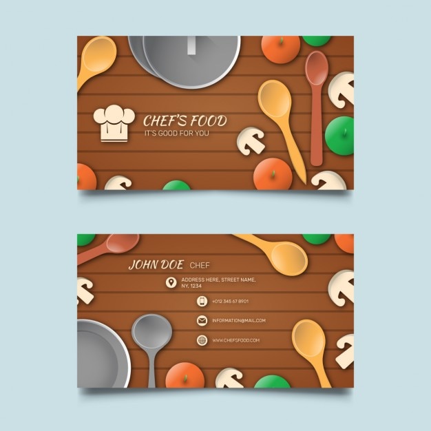 Free vector business card with food and wooden background