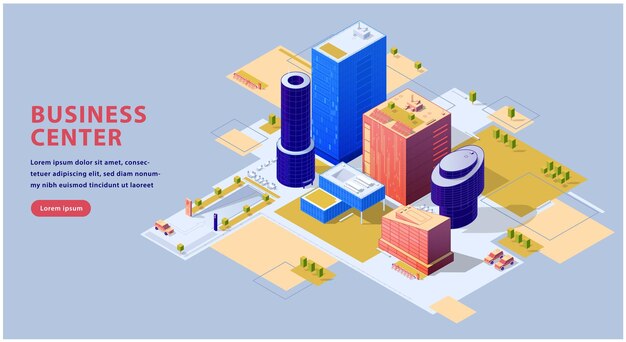 Business center Group of modern architecture buildings at isometric style Office downtown with outside territory Smart city concept