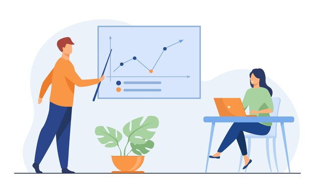 Business coach showing growth graph to businesswoman. Laptop, training, statistics flat  illustration. Analytics and management concept for banner, website design or landing web page