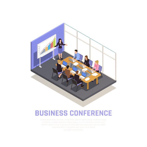 Business coaching isometric concept with business conference symbols  