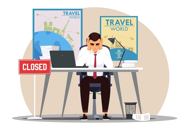 Business collapse crisis at travel agency economy fail Depressed man sitting inside stress burnout and bankruptcy in company