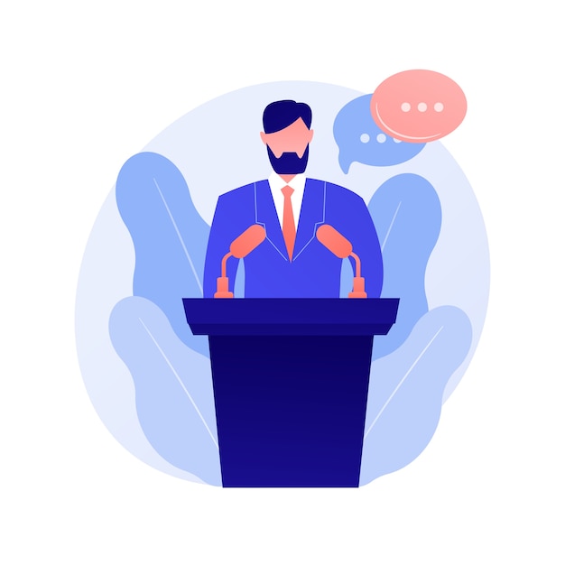 Business conference, corporate presentation. Female speaker flat character with empty speech bubbles. Political debates, professor, seminar concept illustration