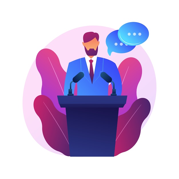 Free vector business conference, corporate presentation. female speaker flat character with empty speech bubbles. political debates, professor, seminar.