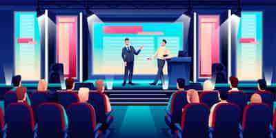 Free vector business conference or seminar in auditorium hall speaker on podium giving presentation to audience in seats event or forum convention in modern center