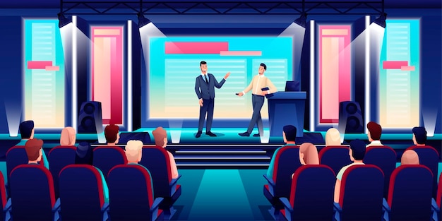 Free Vector business conference or seminar in auditorium hall speaker on podium giving presentation to audience in seats event or forum convention in modern center