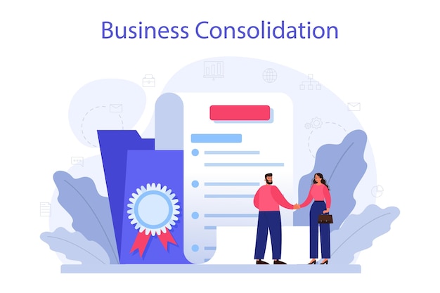 Business consolidation concept Office characters working together in collaboration Idea companies partneship and cooperation Isolated flat vector illustration