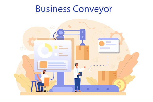 Free vector business conveyor concept idea of business development and coordination business project planning optimization and streamlining effective team work isolated flat vector illustration