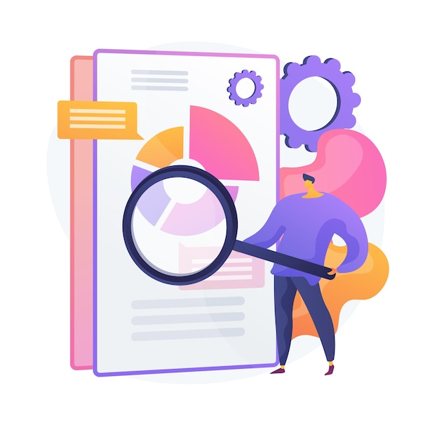 Business documents scanning. Electronic online doc with pie chart infographics. Data analytics, annual report, result checking. Man with magnifying glass.