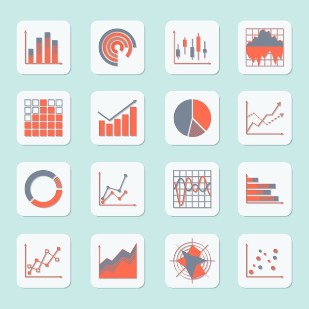 Business elements progress growth trends charts diagrams and graphs icons set isolated 