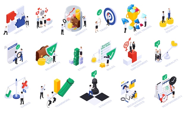 Free vector business ethics isometric set with isolated conceptual icons and human characters of coworkers with text captions vector illustration