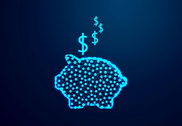 Business finance investment saving and corruption concept  close up of dollar cash money and piggy bank Abstract low poly Triangle dot line polygon Shine blue background Vector illustration