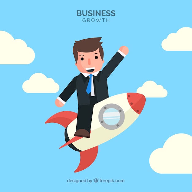 Business growth concept with man on rocket