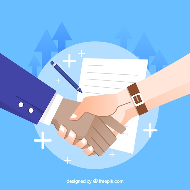 Free Vector business handshake background with contract in flat style