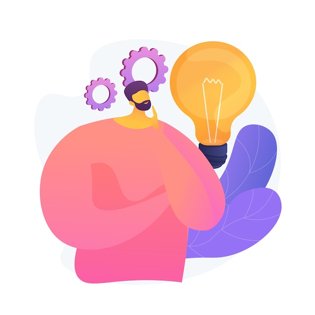 Business idea generation. Plan development. Pensive man with lightbulb cartoon character. Technical mindset, entrepreneurial mind, brainstorming process. Vector isolated concept metaphor illustration