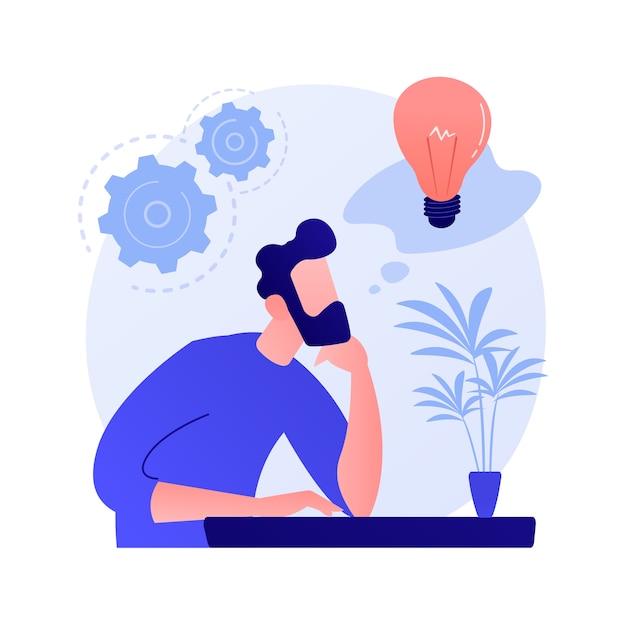 Business idea generation. Plan development. Pensive man with lightbulb cartoon character. Technical mindset, entrepreneurial mind, brainstorming process.