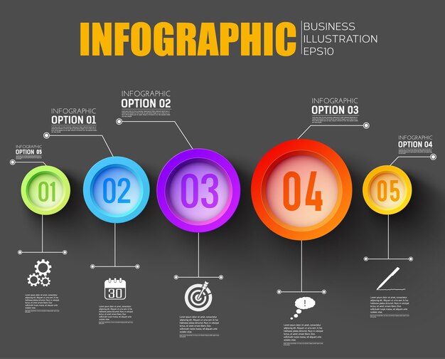 Business infographic black template with icons and five multicolored round pressed buttons flat