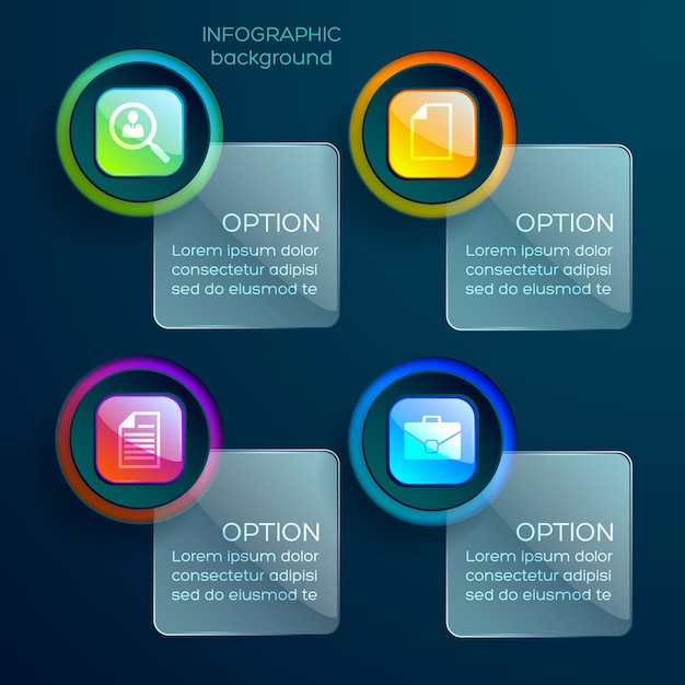 Business infographic concept with icons colorful glossy web elements and glass square with text isolated