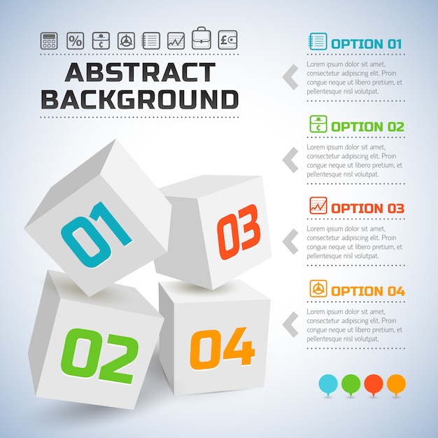 Business infographic with white 3d cubes and colorful numbers