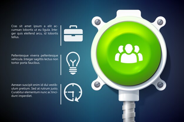 business infographics with text icons and green round button on metal support isolated