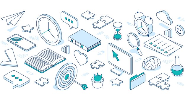 Business isometric icons with cloud, computer, phone and clock.