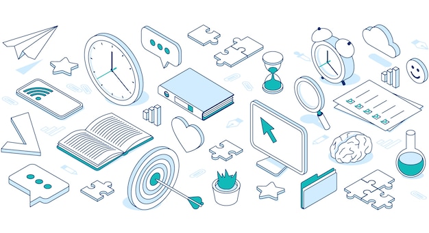 Business isometric icons with cloud, computer, phone and clock.