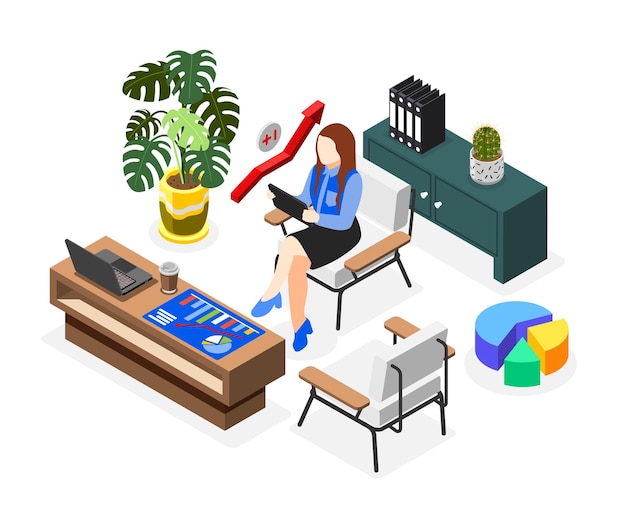 Free vector business lady isometric composition of woman with tablet on chair surrounded by office furniture and plant vector illustration