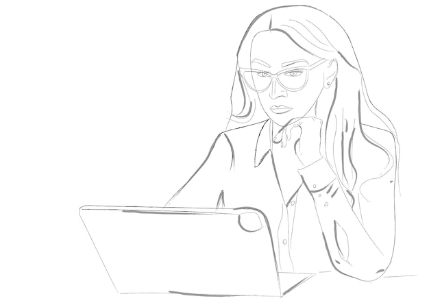 Free Vector business lady working on tablet vector line arts