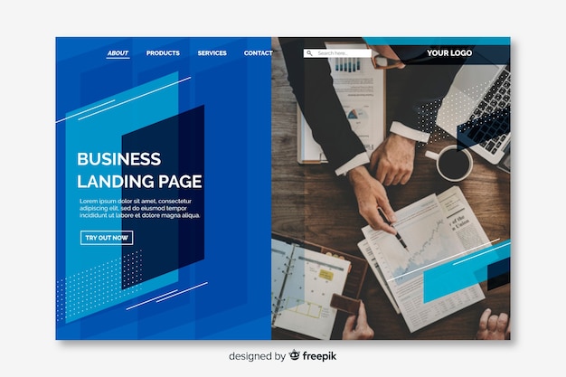 Business landing page with geometric shapes and photo