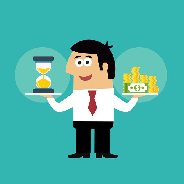 Business life employee with hourglass and coins in time is money concept vector illustration