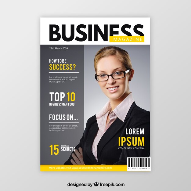 Business magazine cover template with model posing