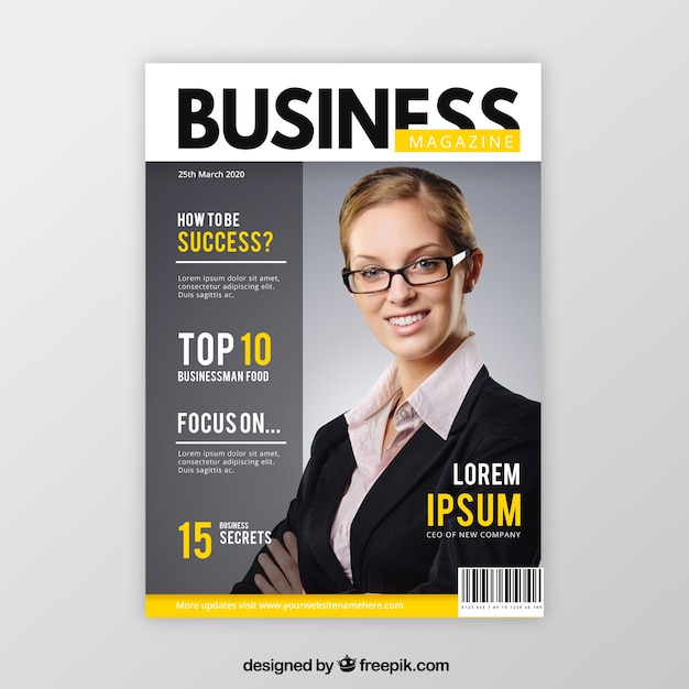 Business magazine cover template with model posing