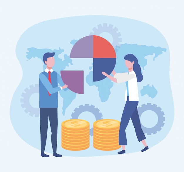 business man and business woman with diagram and coins with gears