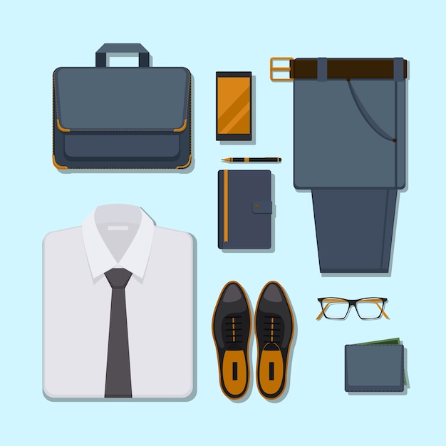 Free Vector business man casual outfit. accessory belt with pants, glasses and smartphone, pen and wallet.