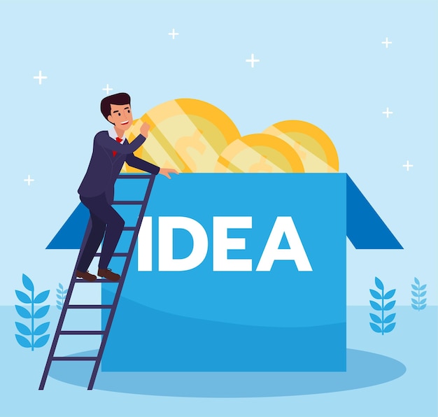 Free vector business man searching for creative idea. business man climbing to find an idea above the box. flat design vector illustration