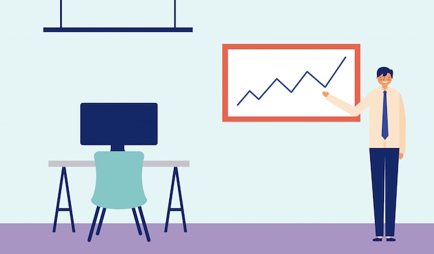 Free vector business man showing stats or graphic charts, a desk with a desk next to it