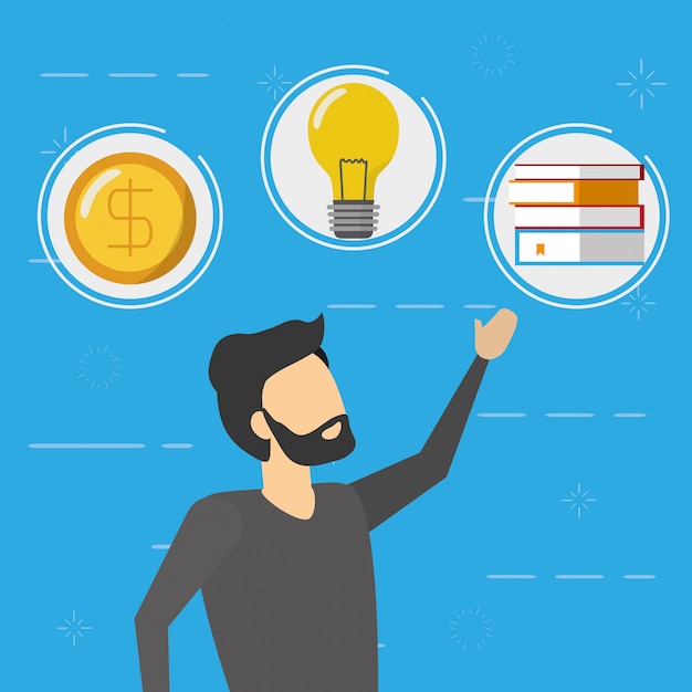 Free Vector business man with money, lightbulb and books icons, flat style