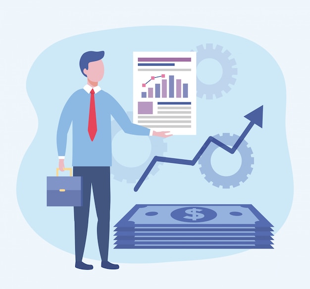 business man with statistics bar document information