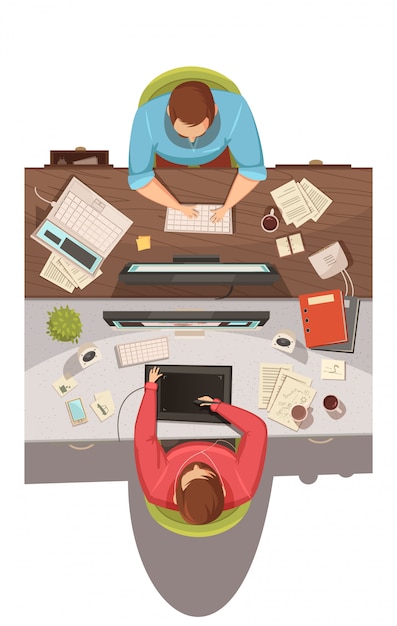 Free vector business meeting top view design concept with two businessmen sitting in their jobs and discussing problems flat cartoon  vector illustration