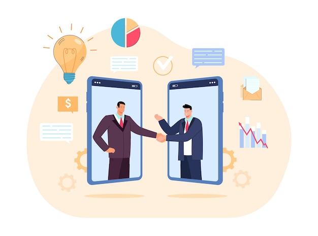 Free Vector business men signing contract online flat vector illustration. men shaking hands through mobile phone screens or electronic devices after successful deal. partnership, agreement concept