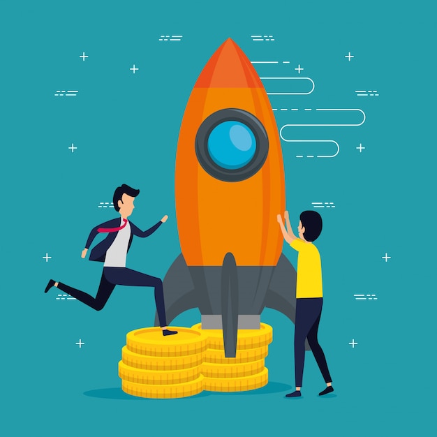 Free Vector business men teamwork with rocket and coins