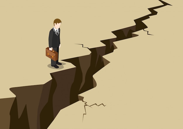 Business obstacle isometric concept. Businessman stand before earth ground crack look down illustration.