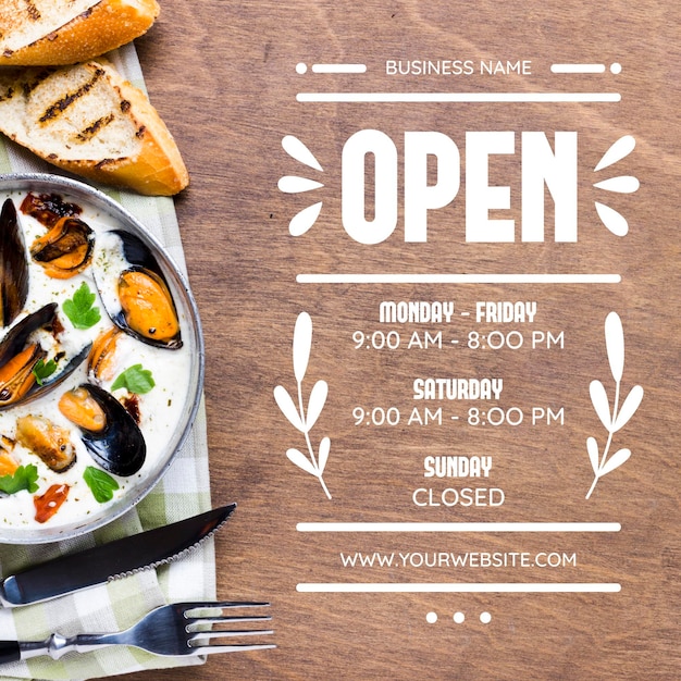 Free Vector business opening hours illustration with photo