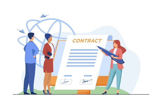 Business partners signing contract online. Leaders affixing signatures to document on monitor flat vector illustration. Internet, agreement