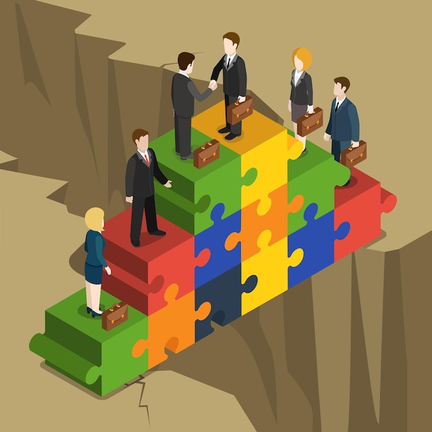 Free Vector business partnership solution flat isometric concept  businessmen businesswomen handshake on puzzle piece pyramid build over abyss.