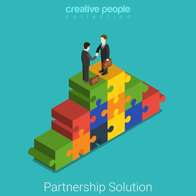 Free Vector business partnership solution flat isometric concept  businessmen handshake on puzzle piece pyramid.