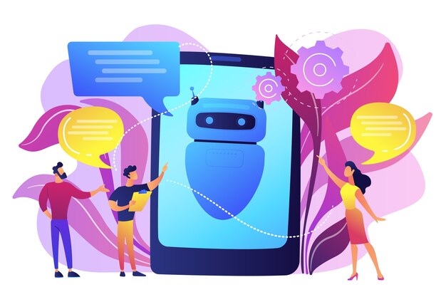 Business people communicate with chatbot application. Chatbot artificial intelligence, talkbots service, interactive agent support concept. Bright vibrant violet  isolated illustration