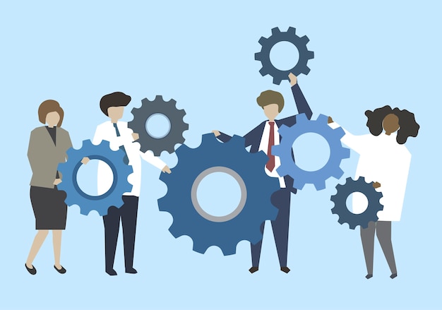 Free Vector business people connecting with gears illustration